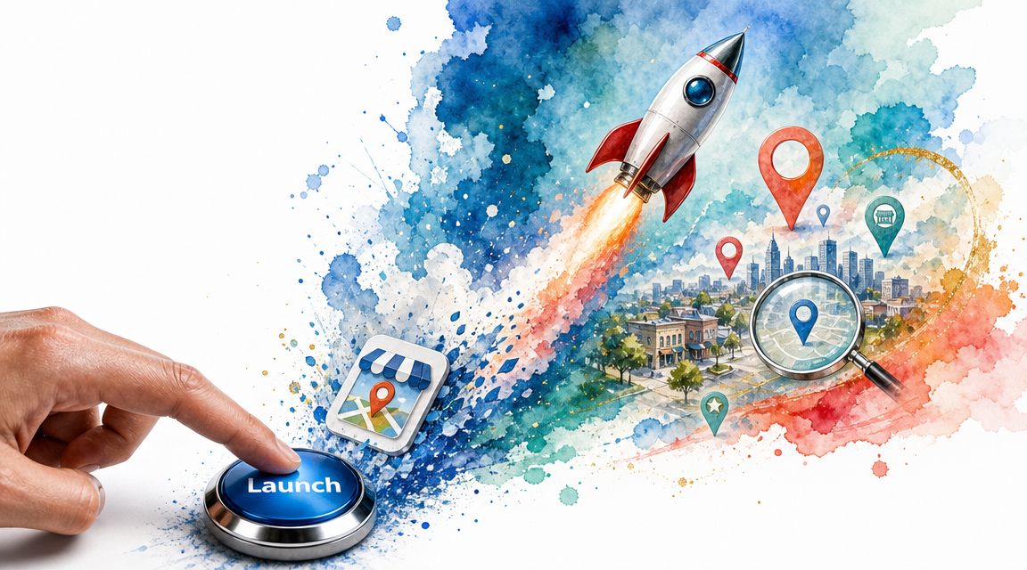 A hand pressing a launch button with a rocket taking off towards city maps and location pins.