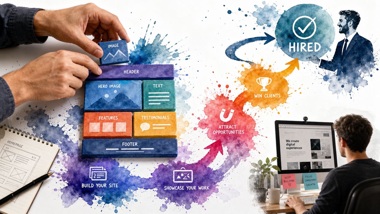 A conceptual graphic illustrating the process of building a professional website to attract clients and get hired.
