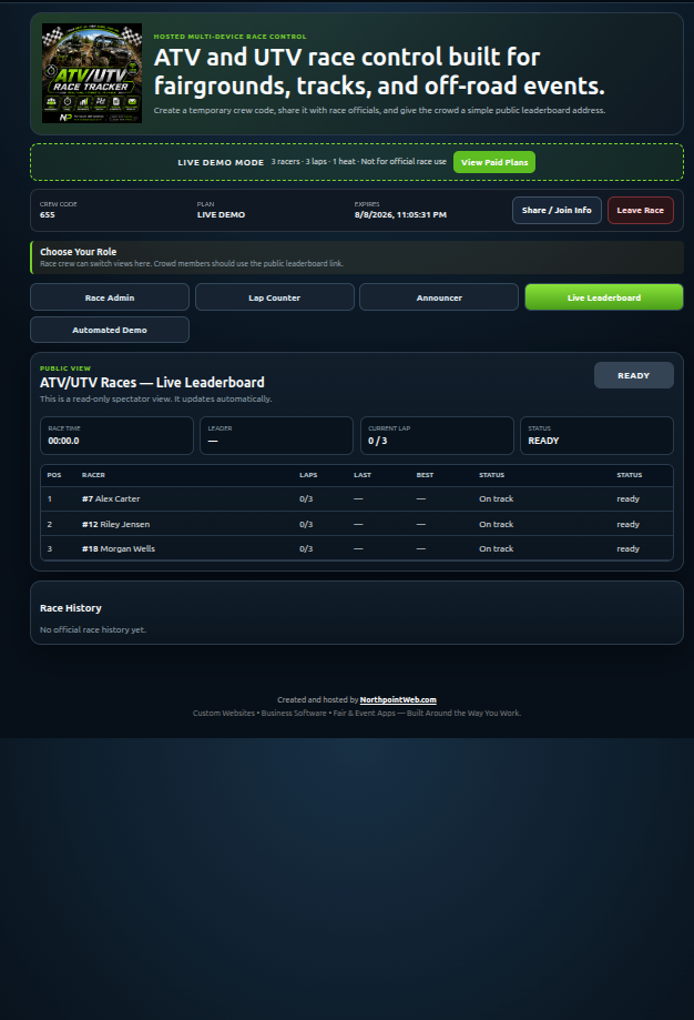 Office Chair Race Controller – Live Lap Timing, Race Scoring & Leaderboard App - Image 3