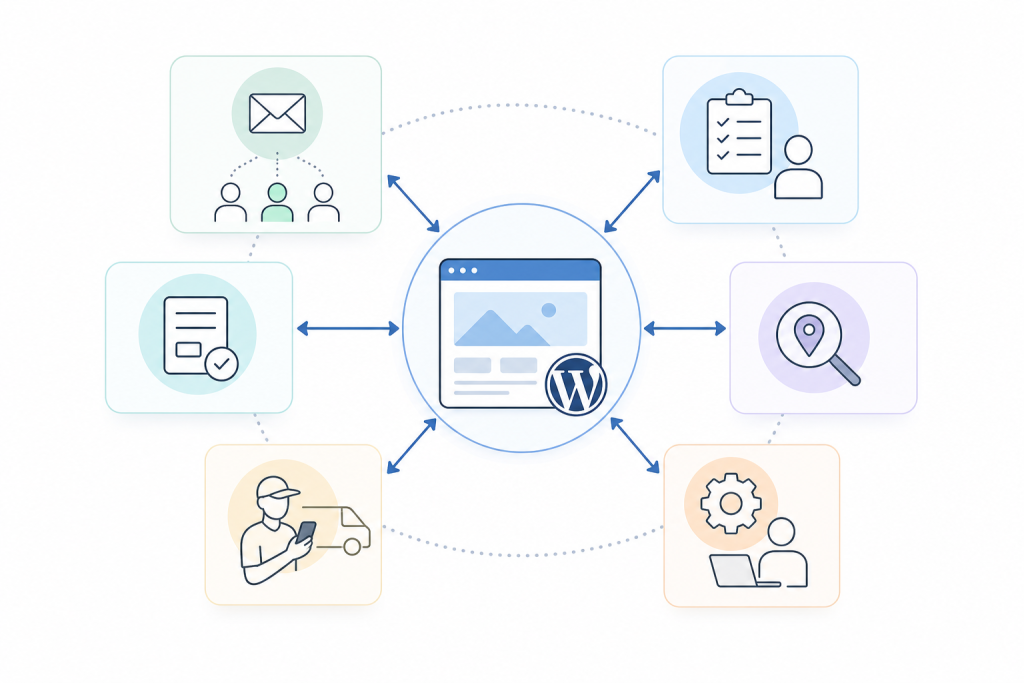 Diagram showing a WordPress website connected to forms, customer inquiries, staff tasks, and business workflows