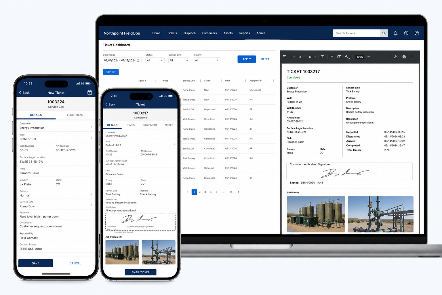 Northpoint FieldOps screens showing a mobile field ticket, signed job record, and office workflow dashboard