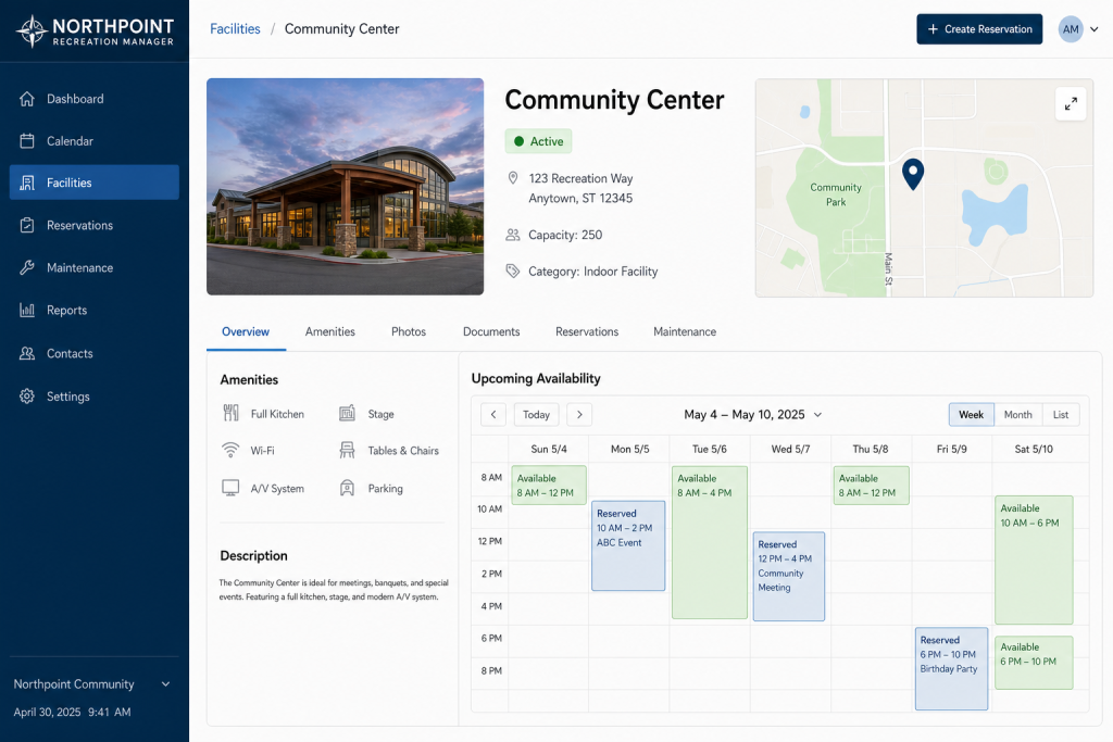 Recreation facility profile showing location, amenities, status, and scheduled activities